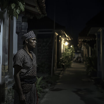 Balinese Man in Traditional Clothing at Night in a Village Alleyway