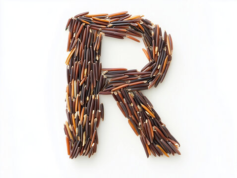 a letter R made of wild rice. top view. Minimalistic design on a plain white background