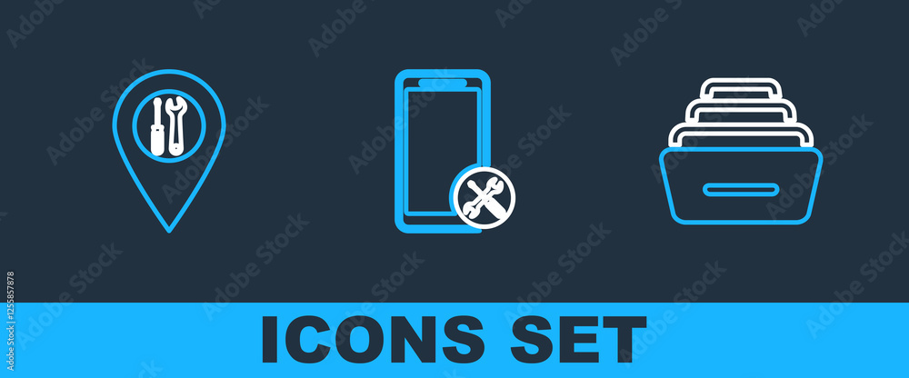 Poster set line drawer with documents, location service and mobile icon. vector