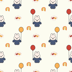 Rabbit and balloon cartoon so cute. On rainbow heart background. Pattern seamless vector illustration. 