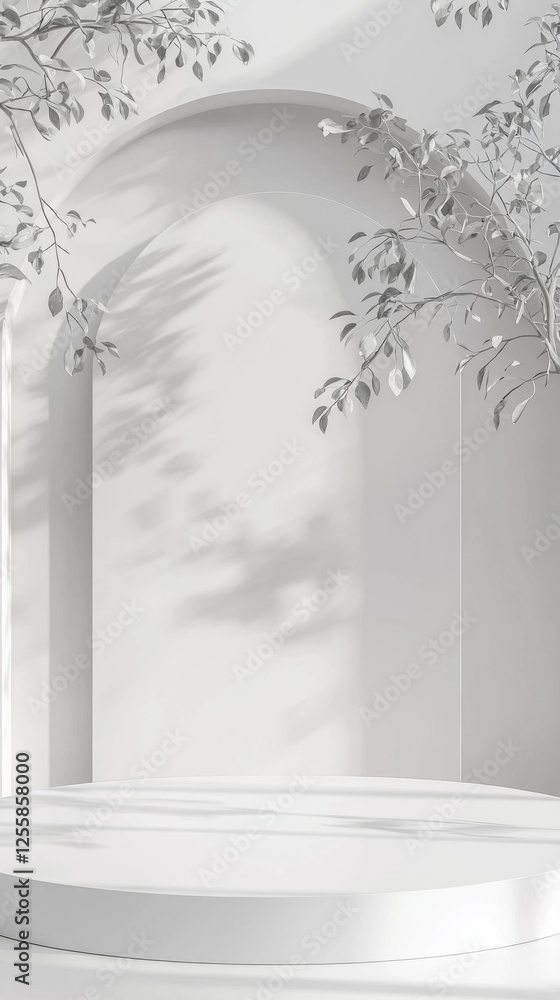 Poster a stunning white podium display designed for cosmetic products awaits attention in a tranquil space.