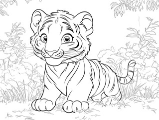Adorable Cartoon Tiger Cub Outline Drawing for Kids to Color
