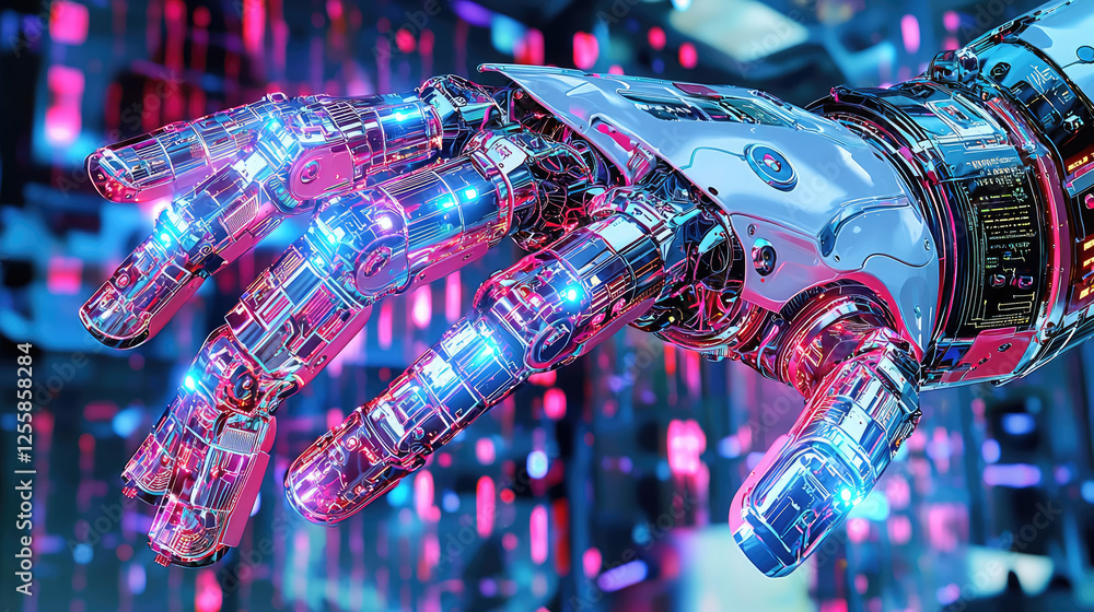 Aufkleber futuristic robotic hand with glowing circuits reaching out in a high-tech digital environment