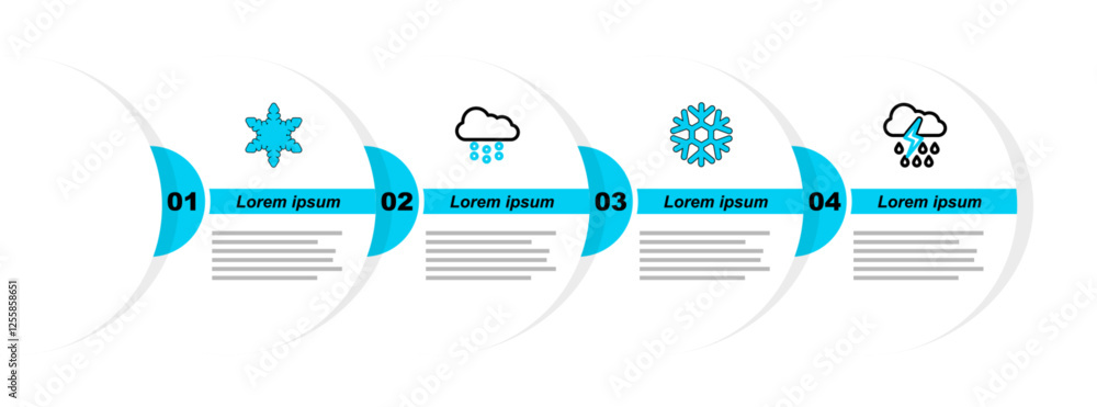 Poster set line cloud with rain and lightning, snowflake, snow and icon. vector