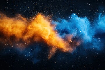 Naklejka premium Dynamic explosion of orange and blue powder a cosmic collision of vibrant colors against a backdrop of shimmering stars