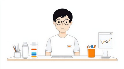 Friendly Male Character at Desk with Stationery and Digital Graphics Representation