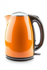 A vibrant orange electric kettle sits isolated, showcasing its sleek design and glossy finish. Perfect for making tea or coffee in a contemporary kitchen setting