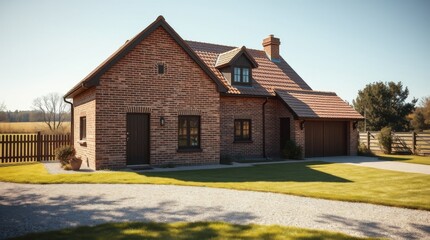 Fototapeta premium Traditional brick farmhouse for rural real estate listings, countryside lifestyle blogs, and agricultural tourism promotion