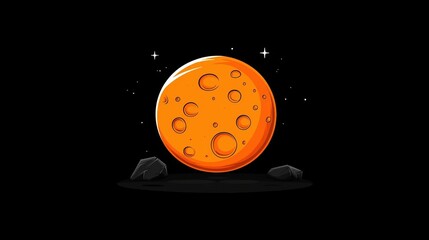 Fototapeta premium Bright Orange Cartoon Moon with Craters Set Against Black Background and Floating Rocks