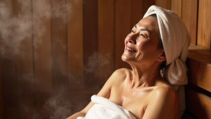 Fototapeta premium Elderly Asian woman relaxing in a sauna, wrapped in a towel, towel on her head, in a traditional wooden steam room with strong steam