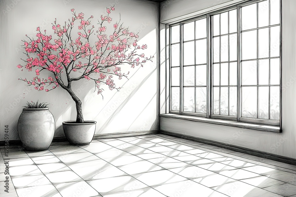 Poster minimalist room with potted tree and sunlit windows a serene space with a focus on natural elements 