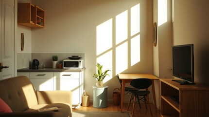 Minimalist studio apartment interior for real estate listings, small space living blogs, and urban lifestyle magazines