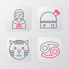 Set line Cancer zodiac, Tiger, Astronomical observatory and Astrology woman icon. Vector