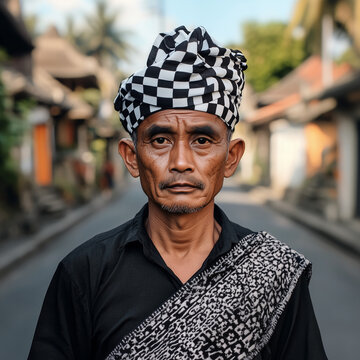 Portrait of an Elderly Man from Bali in Traditional Attire on Street