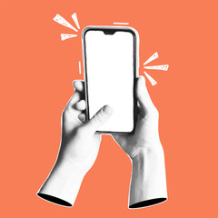 Human hands with a smartphone. Trendy collage banner with hand holding mobile phones. Modern art with halftone effects. Vector pop art illustration.