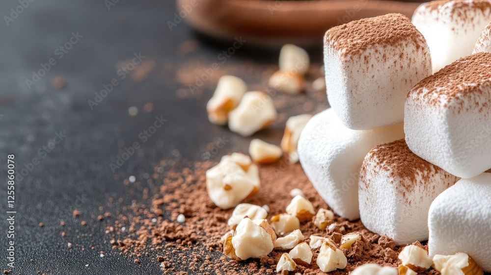 Poster marshmallows dusted with cocoa powder and nuts on dark surface