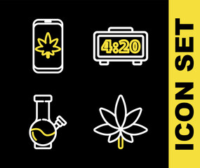 Set line Digital alarm clock, Marijuana or cannabis leaf, Glass bong for smoking marijuana and Mobile and icon. Vector