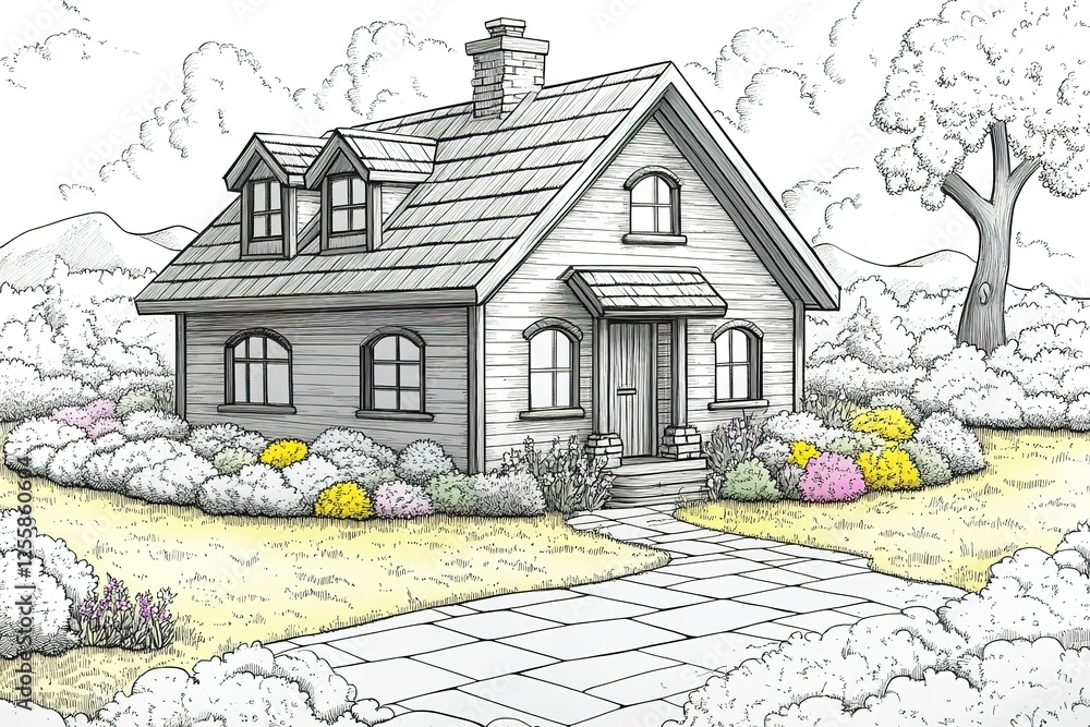 Poster charming cottage nestled in a garden complete with a stone path shrubs and a backdrop of distant hil