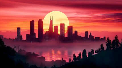 Fototapeta premium Dramatic Cityscape with Smog Warning at Sunrise Skyline