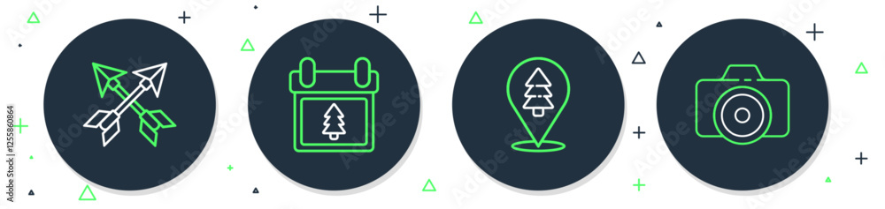 Poster set line calendar with tree, location of the forest, crossed arrows and photo camera icon. vector