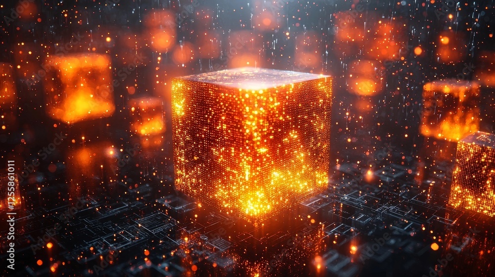 Poster glowing cubes of intelligence dynamic digital matrix in space