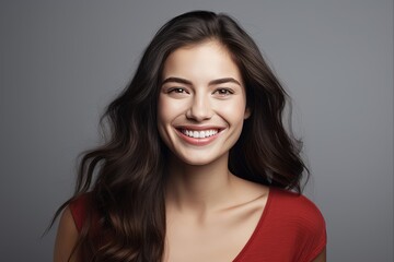 Fototapeta premium 30s Beautiful Woman with Brilliant Smile and Red Lips Posing over Grey Wall for Successful Face Expression