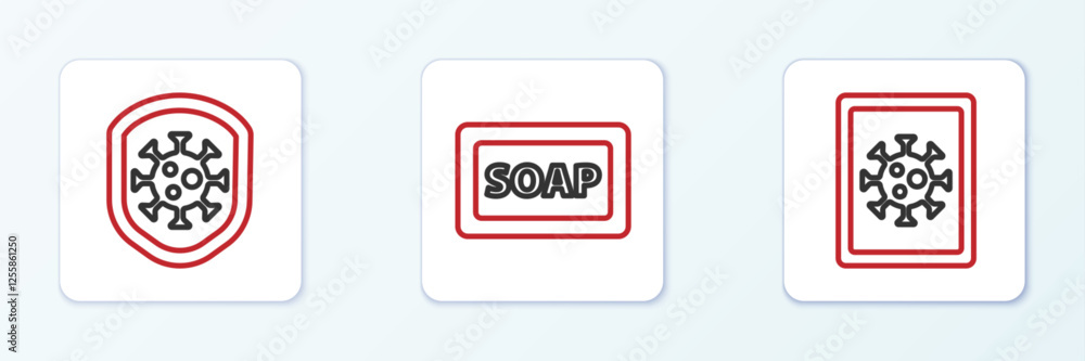 Poster set line virus statistics on monitor, shield protecting from virus and bar of soap icon. vector