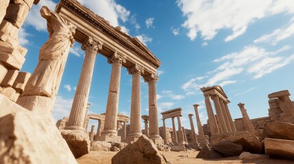 Fototapeta premium Majestic Ancient Ruins with Columns Under Clear Blue Sky and Textured Ground