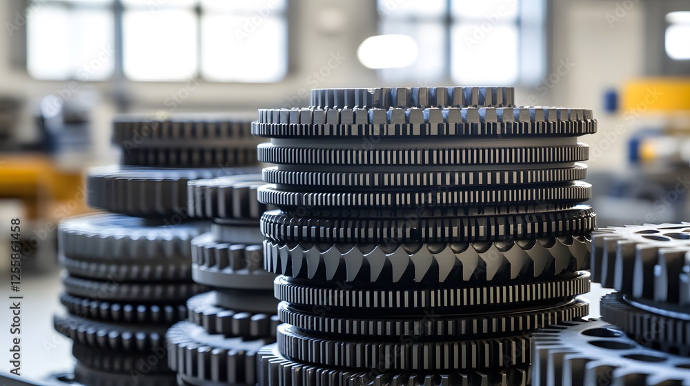 Poster precision machined gears stacked in a factory setting