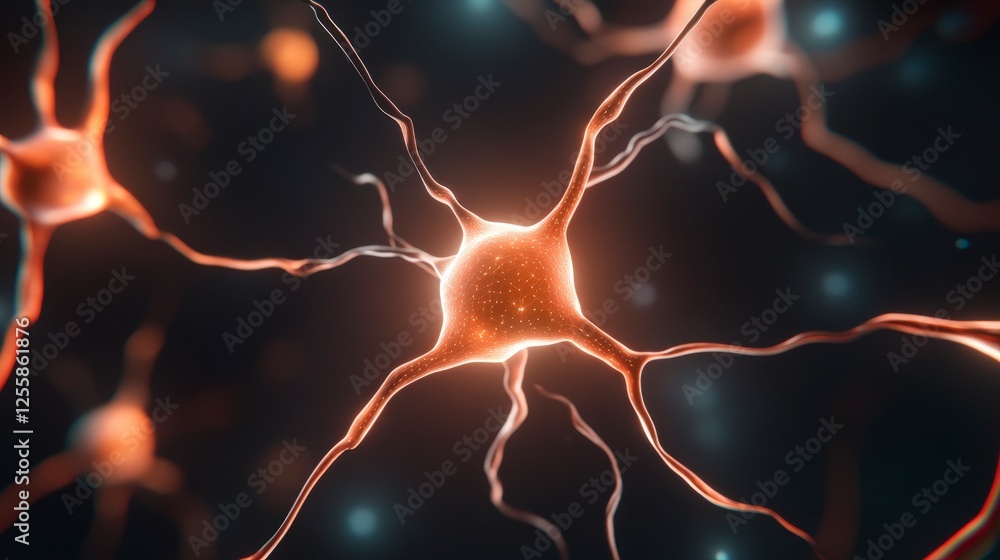 Poster close-up view of neurons and synapses in a human brain with glowing connections