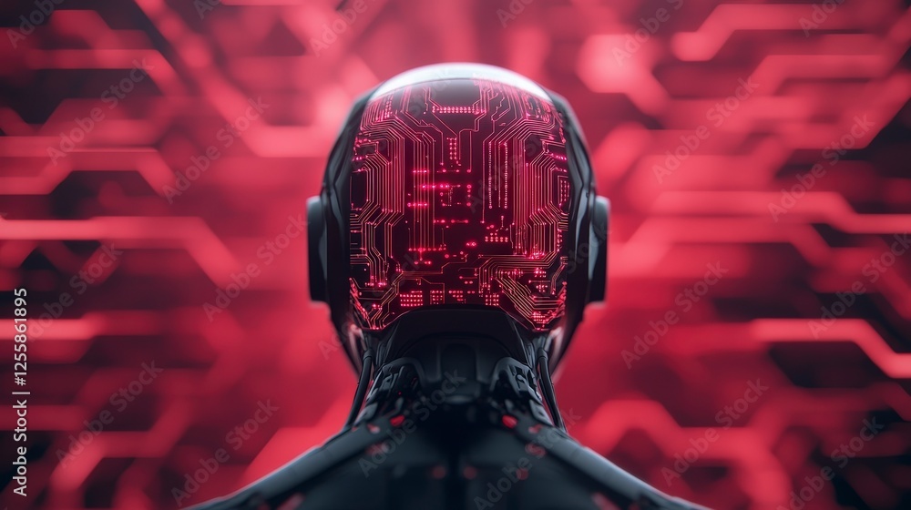 Poster futuristic robot head with circuit pattern against abstract red technology background