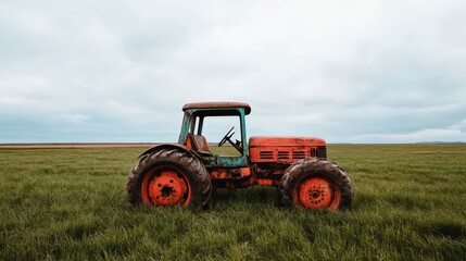 Obraz premium Vintage Orange Tractor on Lush Green Grass Field Under Overcast Sky