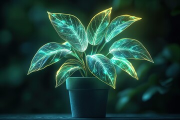 A glowing plant in a pot radiating energy Its leaves appear like a digital artwork emitting an ethereal light in the darkness
