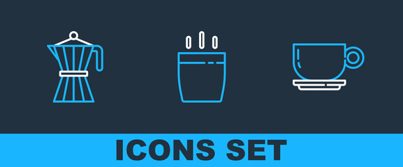 Set line Coffee cup, moca pot and icon. Vector