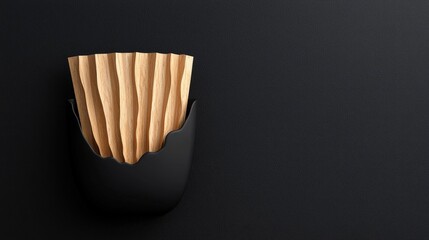 Decorative wooden fries in a sleek black holder on a minimalistic background