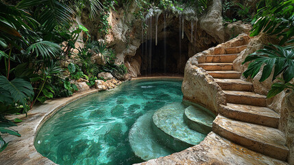 Tropical grotto pool with waterfall and stone steps in lush jungle
