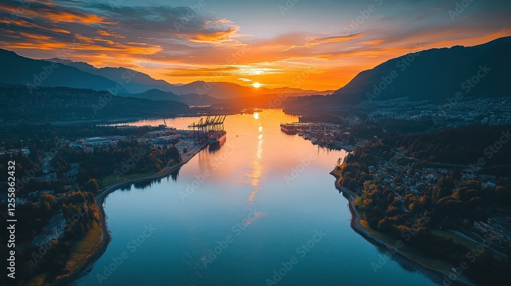 Canvas Prints Aerial Sunrise over Harbor, Mountains, City