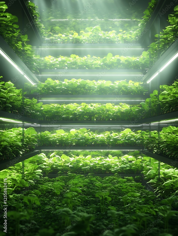 Aufkleber a lush vertical garden with multiple layers of vibrant green plants illuminated by soft lighting, cr