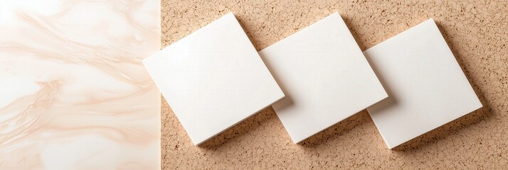 Beige marble texture beside blank, white notes on a cork surface