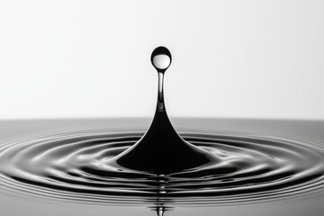 Black liquid droplet creating ripples on a reflective surface.
