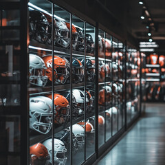 Glass display featuring rows of colorful sports helmets in a dimly lit room