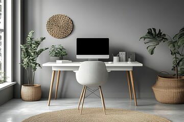 Minimalist home office with desk chair computer and houseplants against a grey wall Simple workspace design with natural elements