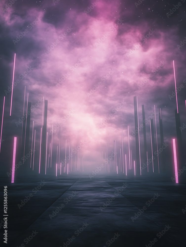 Poster a surreal landscape featuring glowing pillars against a misty, colorful sky, creating a futuristic a