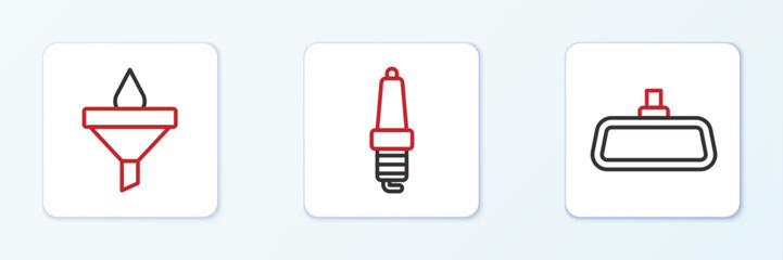 Set line Car mirror, Funnel and oil drop and spark plug icon. Vector