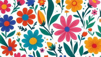 beautiful bright vivid floral pattern, colourful childish style felt tip pen illustration