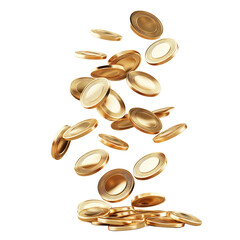 Isolated view of golden coins falling macro photography in studio