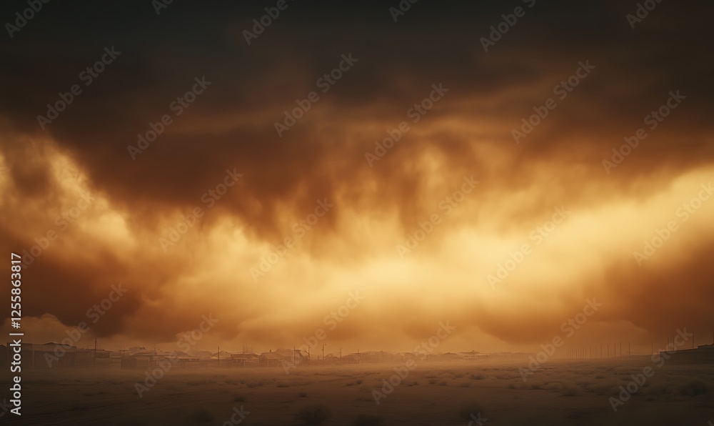 Poster a dramatic sky filled with dark clouds and golden light, creating a moody and atmospheric landscape.