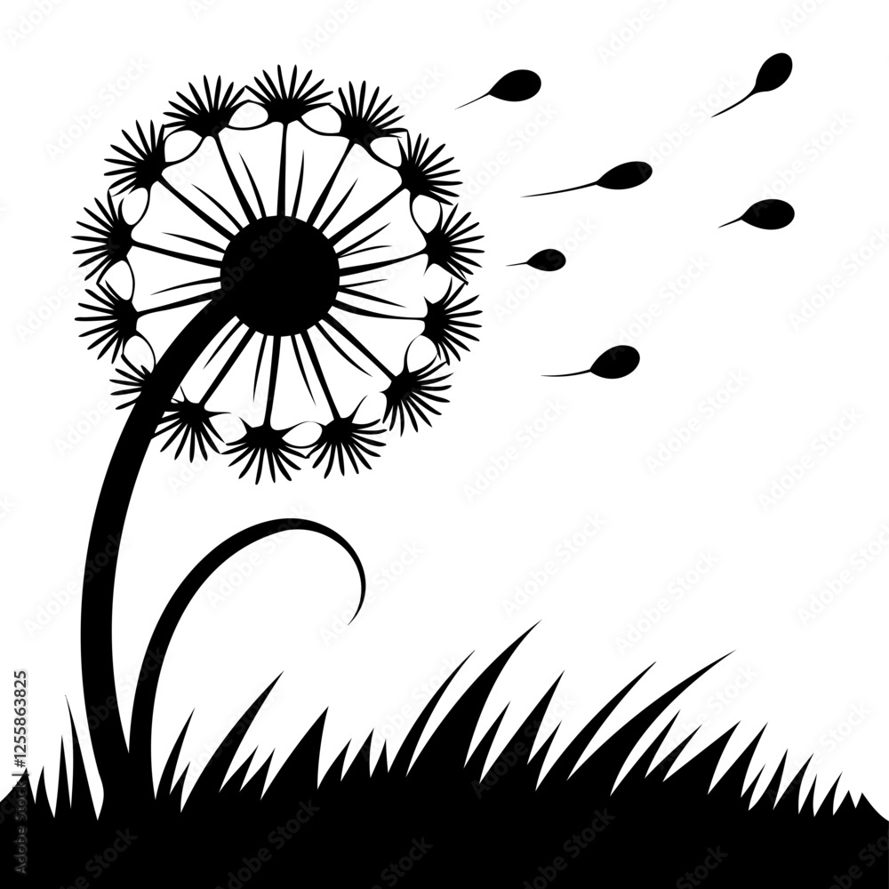 Poster abstract dandelion with lines fading into the wind on a transparent background.