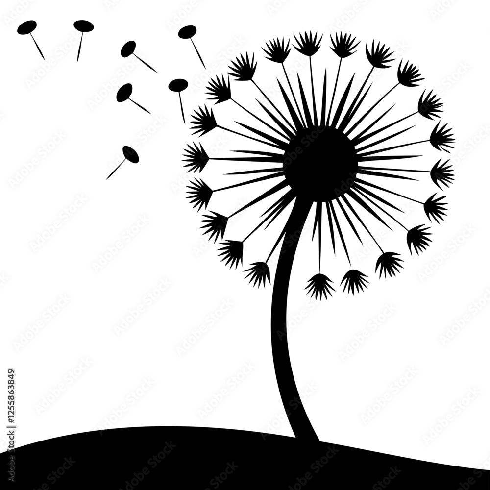 Poster abstract dandelion with lines fading into the wind on a transparent background.