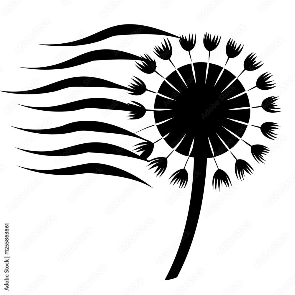 Poster abstract dandelion with lines fading into the wind on a transparent background.